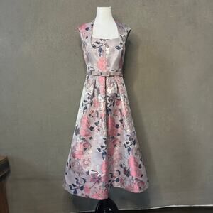 Kay Unger Lizbeth Floral Metallic Jacquard Tea Length Belted Dress Size 6